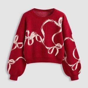 Knitted Bowknot Graphic Oversized Sweater